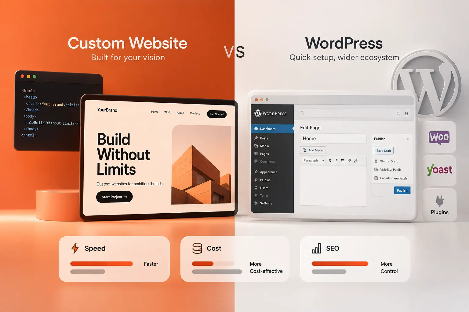 Custom website vs WordPress: speed, cost and SEO compared